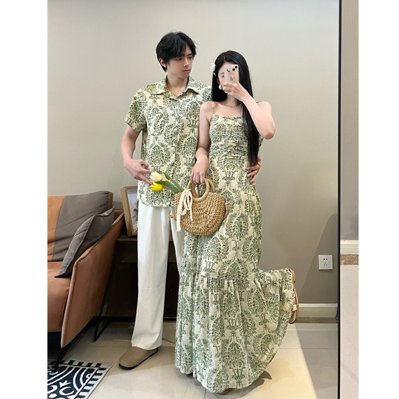 小众设计感情侣装夏季韩版短袖衬衫男女连衣裙法式一裙一衣ins潮