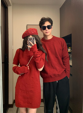 情侣装秋冬新款过年红色毛衣连衣裙一男一女韩版超火法式针织衫潮