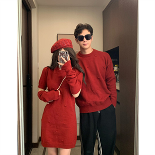 针织衫 情侣装 超火法式 过年红色毛衣连衣裙一男一女韩版 潮 秋冬新款