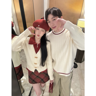 过年红色情侣装秋冬ins超火毛衣男女韩版宽松法式针织衫外套潮牌