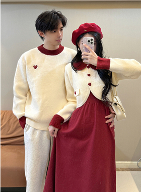 跨年红色情侣装秋冬ins超火毛衣连衣裙一男一女韩版法式针织衫潮