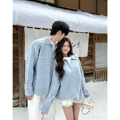 韩系翻领慵懒风纯色气质情侣毛衣