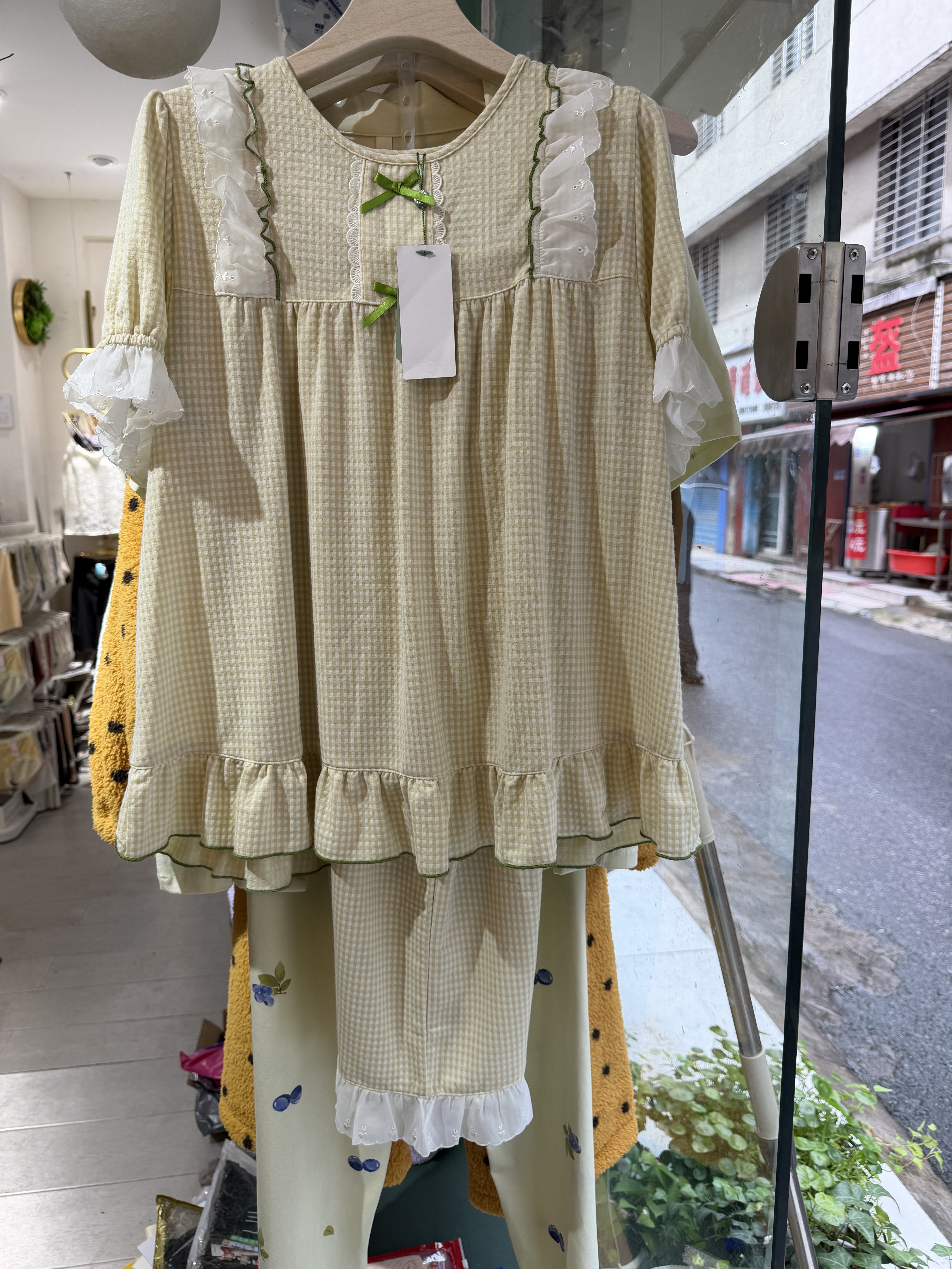 睡衣女夏季短袖长裤家居服套装可爱卡通格子宽松大码可外穿