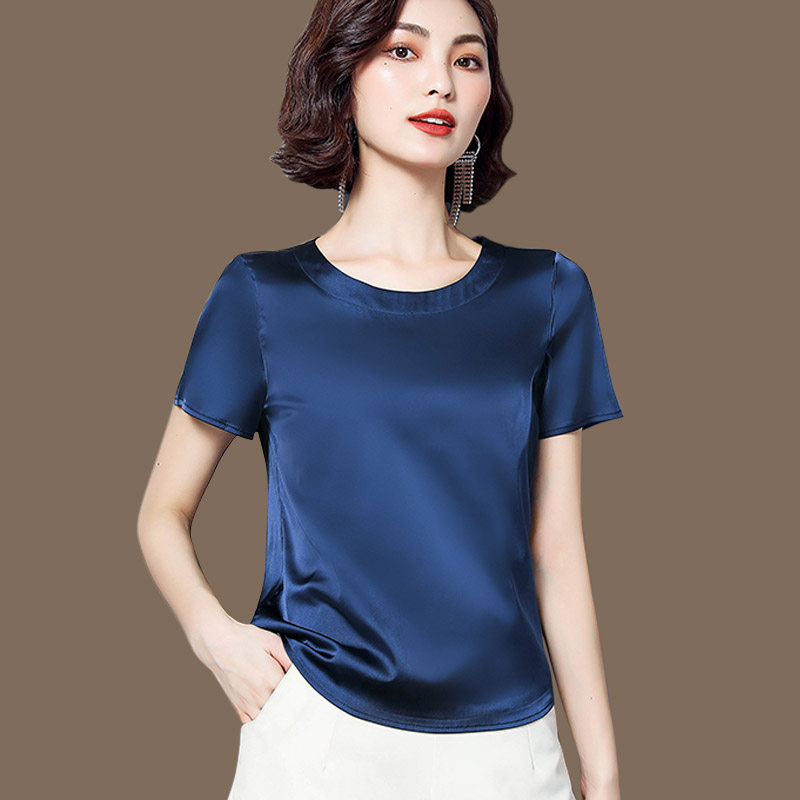 妈妈真丝上衣短袖女中老年宽松大码纯色T恤桑蚕丝配阔腿裤的小衫