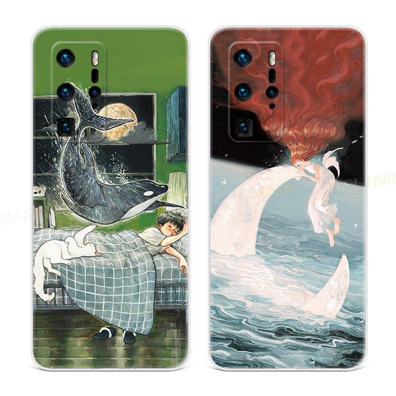 鲸梦摇篮曲适用华为p60手机壳P50p40p30p20pro+文艺p10p9plus治愈系女款软e十art