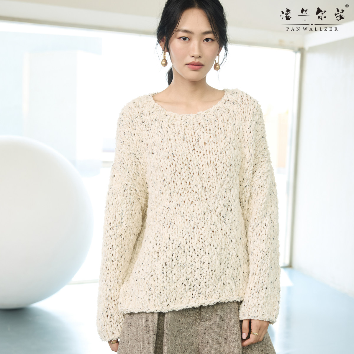 潘华尔姿秋冬新品超粗针彩线套头休闲长袖针织衫女上衣大气高级感