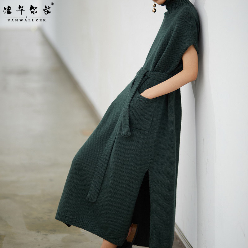 潘华尔姿手工编织毛衣女秋冬新款高领宽松显瘦长款羊毛裙高级定制
