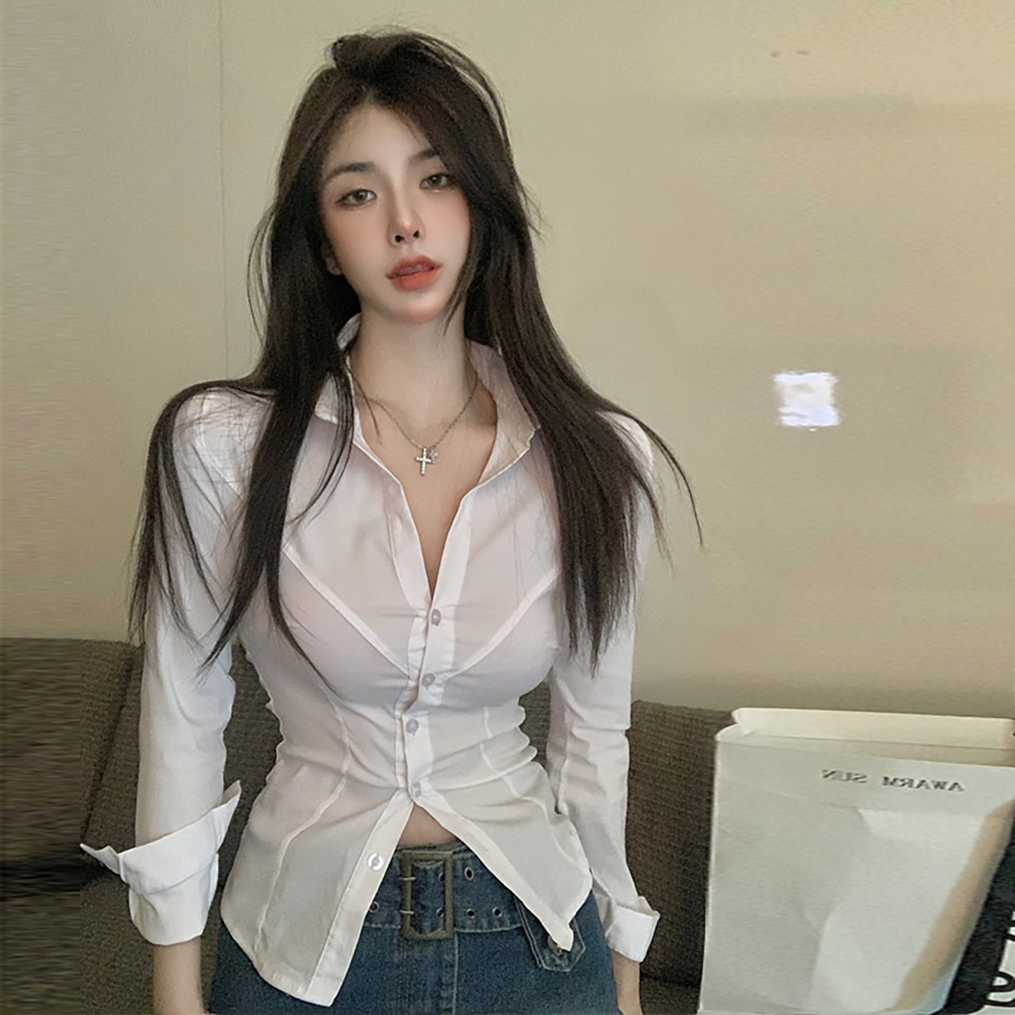 纯欲白色收腰衬衫气质女装长袖修身性感职业衬衣秘书制服OL上衣春