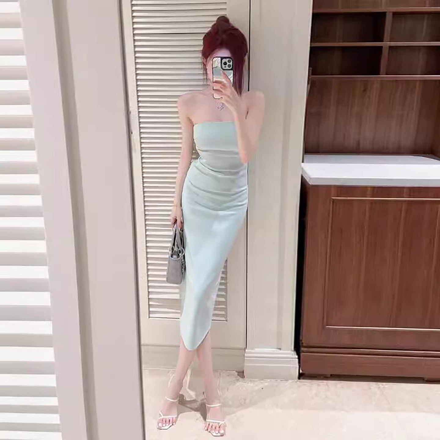 修身显瘦开叉中长款抹胸连衣裙女图片