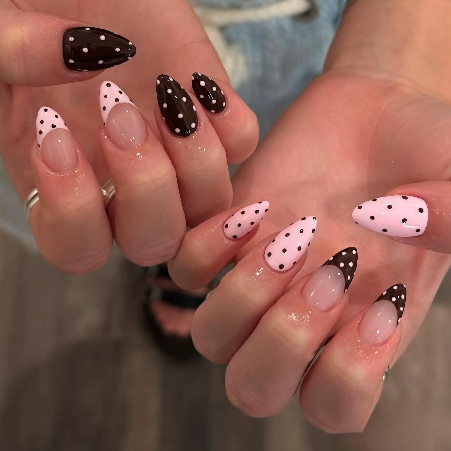 纯手工穿戴甲美式甜心粉棕波点辣妹法式ins