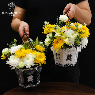 七色堇清明节手提盒鲜花包装祭祀折插花六角礼盒扫墓花盒包装材料