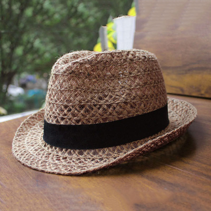 草帽子春夏女韩版百搭防晒帽时尚英伦男士休闲卷边镂空爵士小礼帽