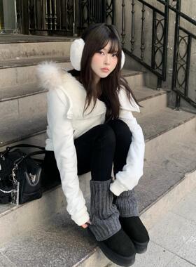 Lovedeath【氛围韩女】白色毛领连帽短款外套女冬季加绒棉衣棉服