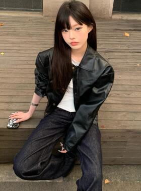 Lovedeath【酷拽辣妹】黑色机车风PU皮衣外套女短款正肩收腰夹克