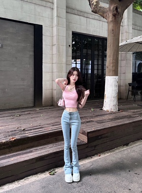 Lovedeath【蔷薇甜心】浅蓝色高腰微喇牛仔裤女性感辣妹水洗长裤