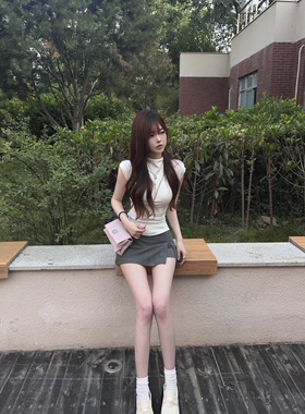 Lovedeath【乖乖甜妹】半高领针织上衣女灰色开叉半身裙纯欲套装