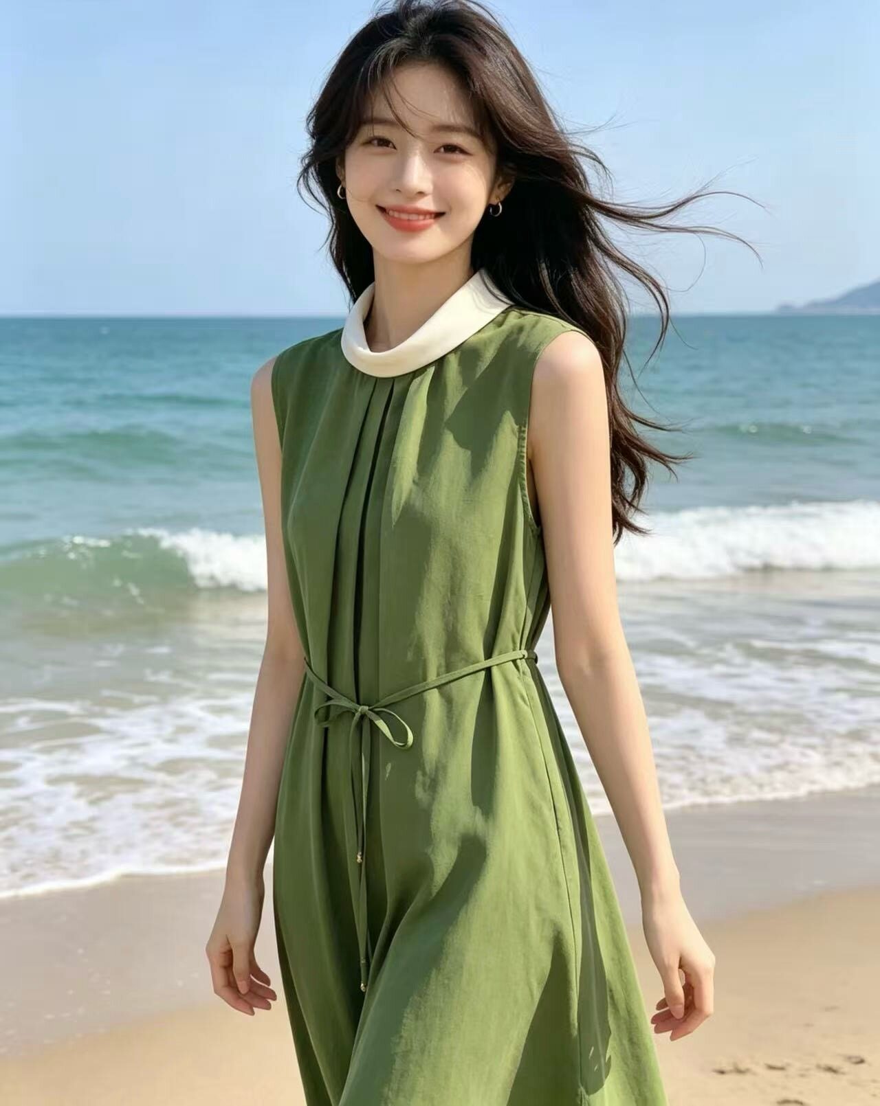 南油2026年新款连衣裙法式复古优雅森系通勤无袖绿色长裙女