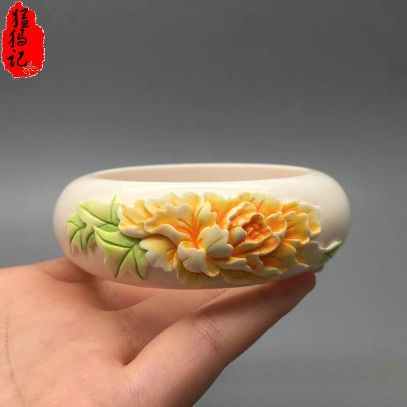 猛犸象牙彩绘手镯花开富贵温润满纹手工雕刻牡丹大气高雅送礼盒