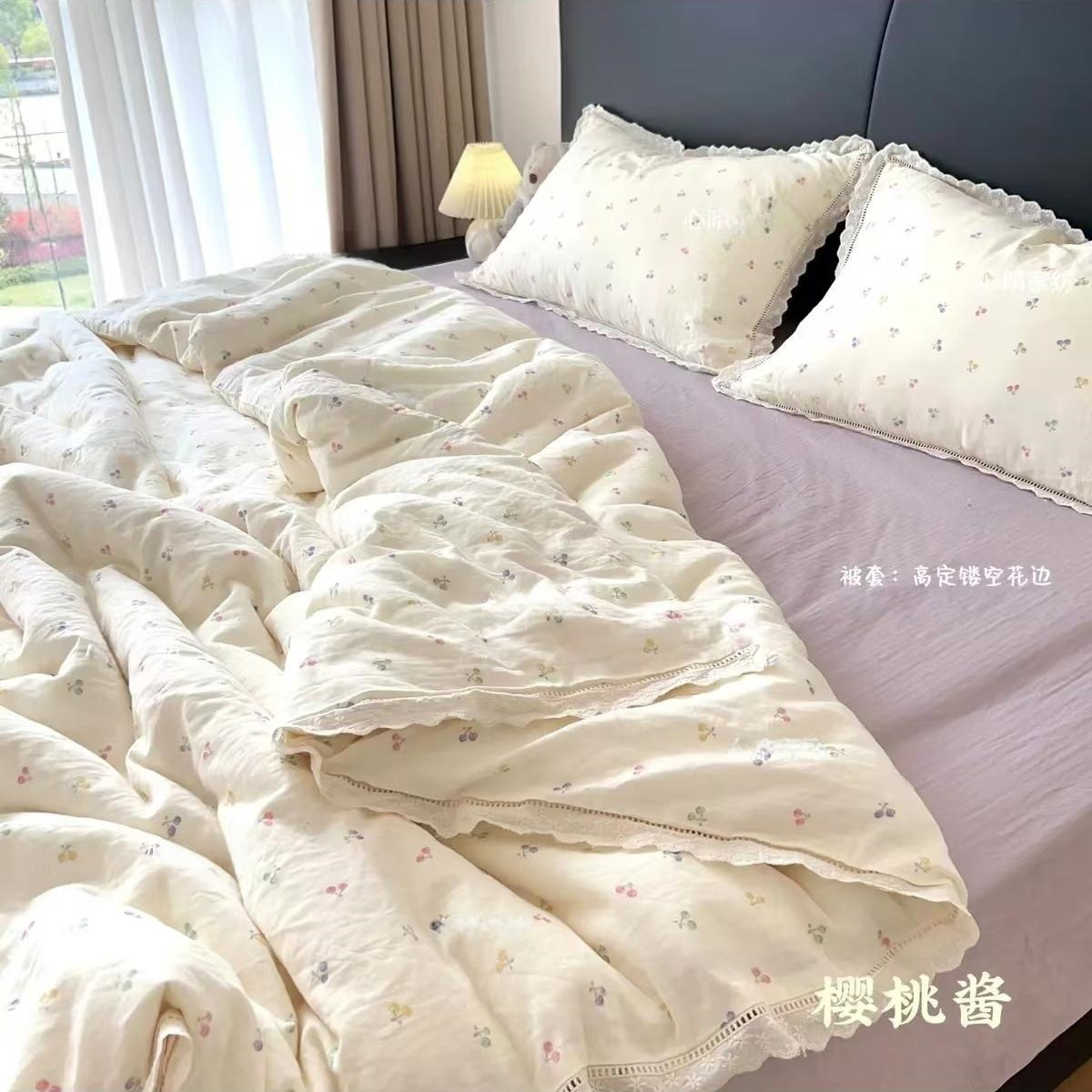 韩式花边a类母婴级全棉双层纱床上四件套纯棉纱布被套学生三件套