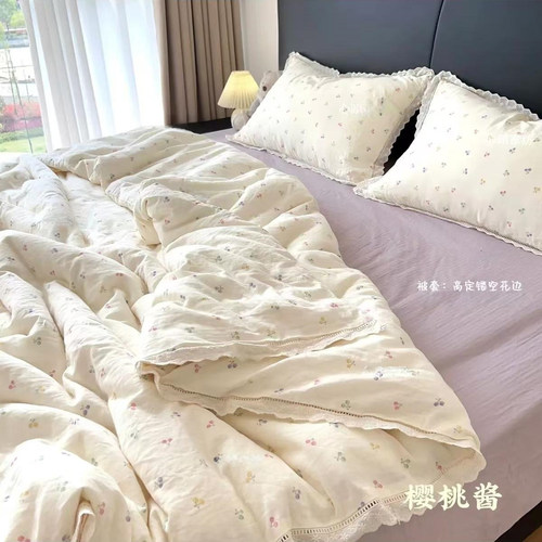 韩式花边a类母婴级全棉双层纱床上四件套纯棉纱布被套学生三件套