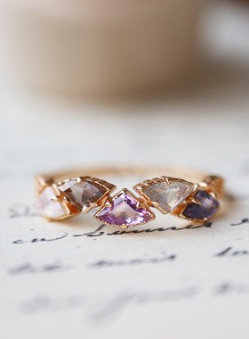 日系A家同款小众天然拉长石/紫水晶戒指s925银镀金复古宫廷风指环