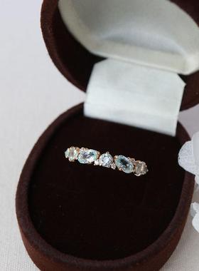 日光海域日系小众同款天然蓝色托帕石宝石水晶复古戒指S925银镀金