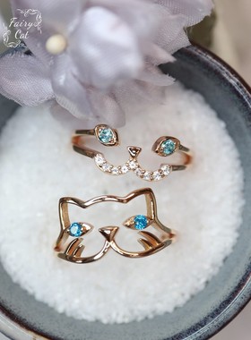 猫猫集美。甜美闺蜜姐妹戒指蓝色锆石猫咪925纯银镀金指环清新
