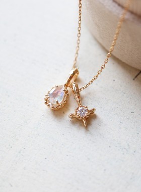 日系复古小众天然月光石星星双吊坠项链s925银镀金锁骨链
