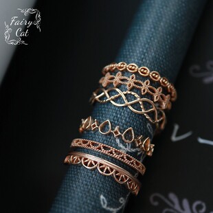 素戒指圈环合集 日系镂空珠边幸运四叶草花纹蕾丝麻花银饰