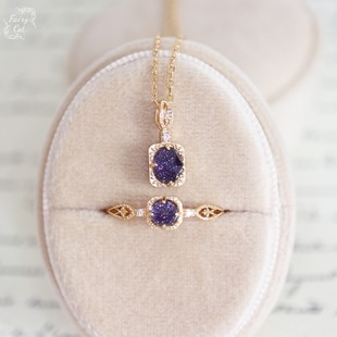 暗夜星辰。日系复古天然蓝砂金+白水晶双层石戒指/项链s925银镀金