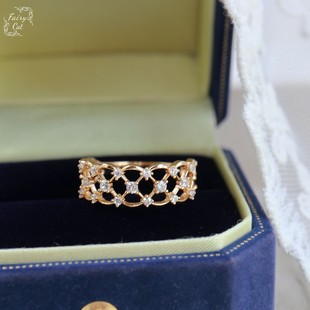 特日系高端VA 璀璨星空满天星镶钻戒指简约镂空网格925银镀金戒指