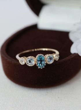 日系小众品牌同款天然渐变蓝色托帕石宝石水晶复古戒指S925银镀金