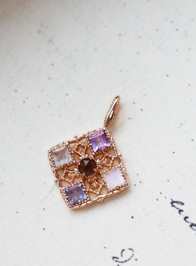 日系A家复古宫廷镂空花纹吊坠女s925银镶堇青石拉长石紫水晶项链