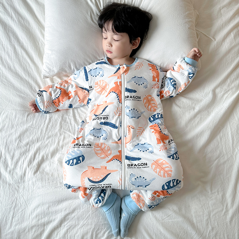 儿童连体睡衣秋冬季夹棉加厚保暖宝宝睡袋纯棉男童女童防踢被分腿