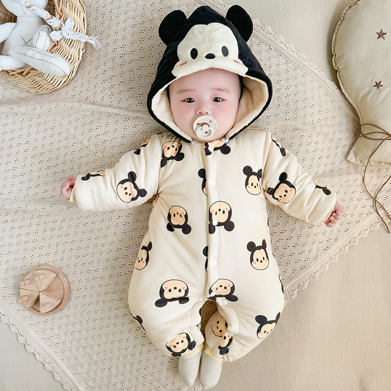 婴儿连体衣秋冬加厚加绒男女宝宝衣服冬装棉服新生儿棉衣外出冬天