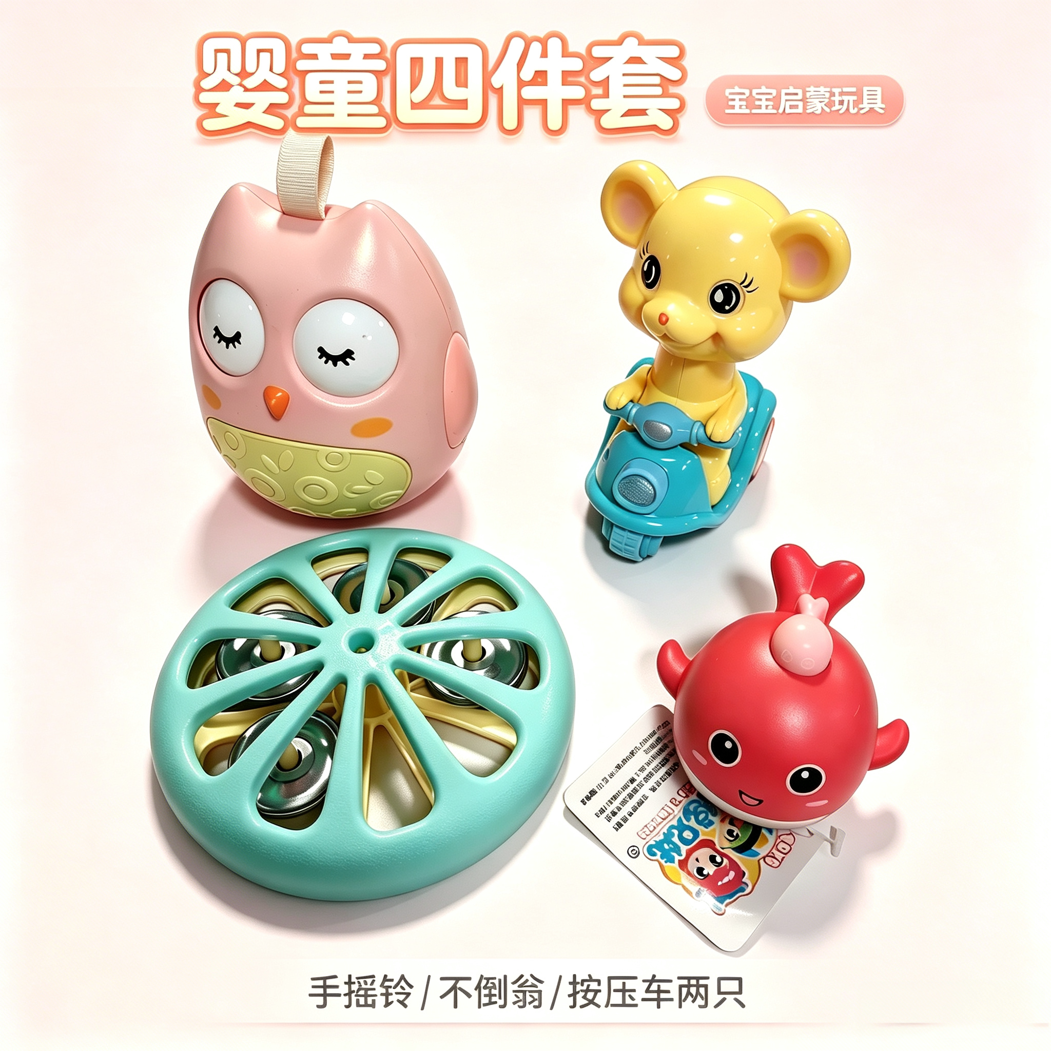 【组合清货】婴童四件套婴儿早教启蒙手摇铃按压车新生儿安抚玩具