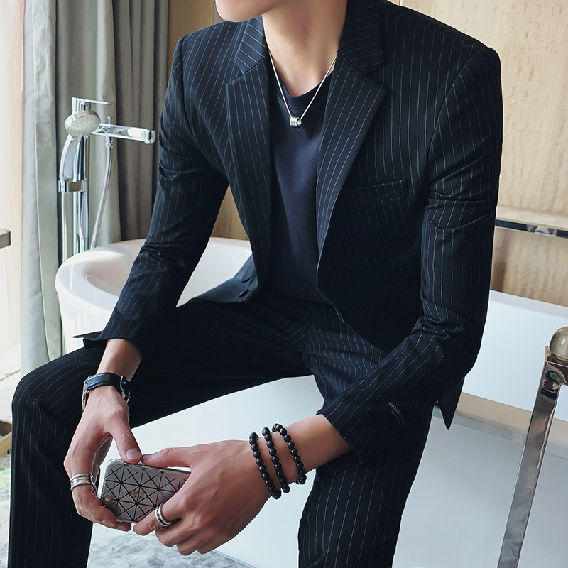 韩版休闲条纹小西装外套男套装英伦风帅气青年修身学生一套西服潮