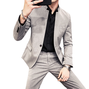 英伦风休闲西装男套装潮流痞帅青年西服三件套立领中山装男士外套
