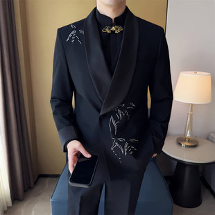 新中式刺绣礼服男秋冬款中国风缎面拼接青果领商务宴会西服男套装