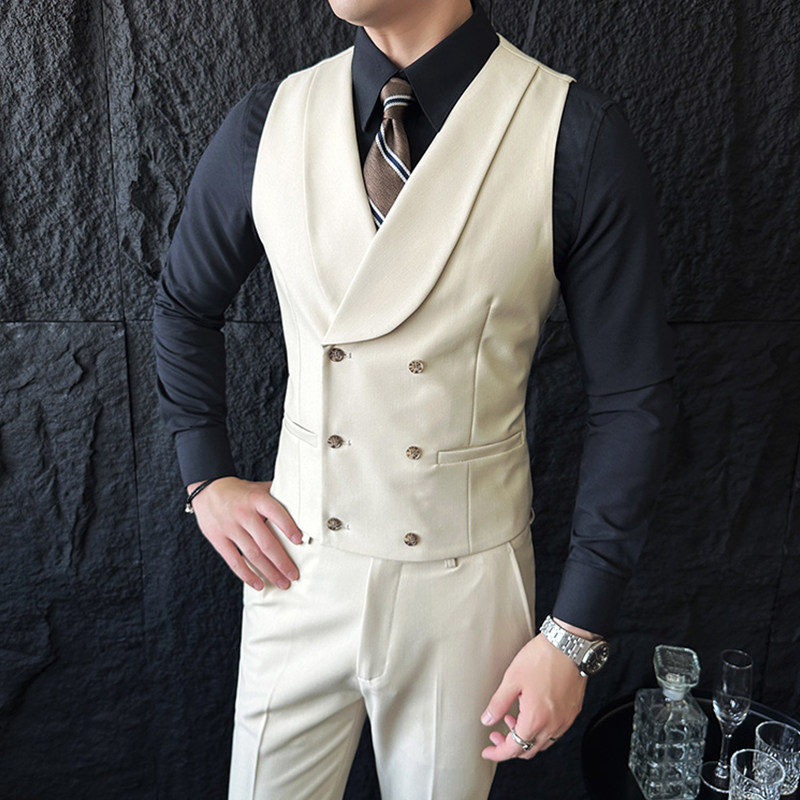 意式青果领双排扣马甲男垂感百搭无袖坎肩搭配那不勒斯高腰裤一套,男装,背心,淘宝优惠券,粉丝福利购,淘宝优惠卷