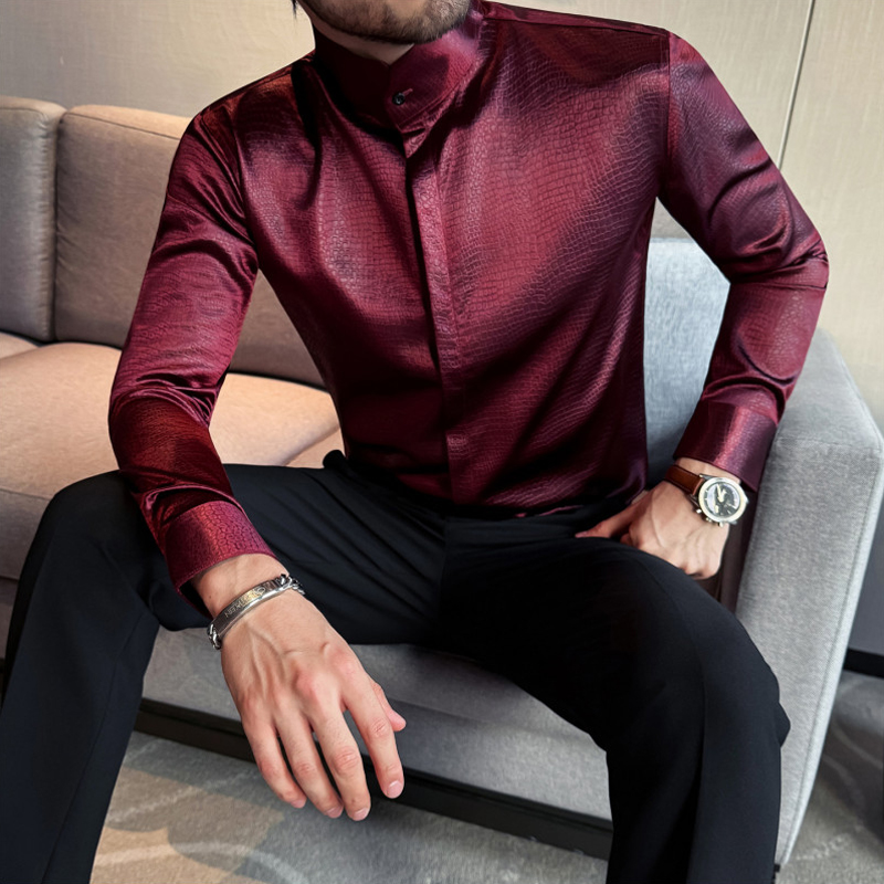 皮面质感立领衬衫男长袖新中式潮