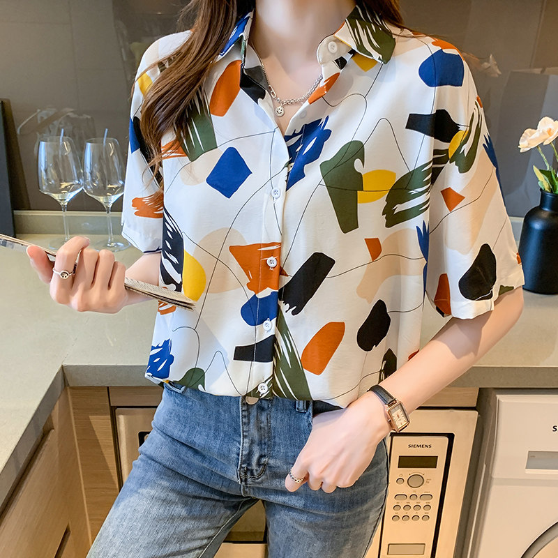 2025夏季新款宽松学生装印花雪纺衫少女短袖原宿休闲碎花上衣衬衫