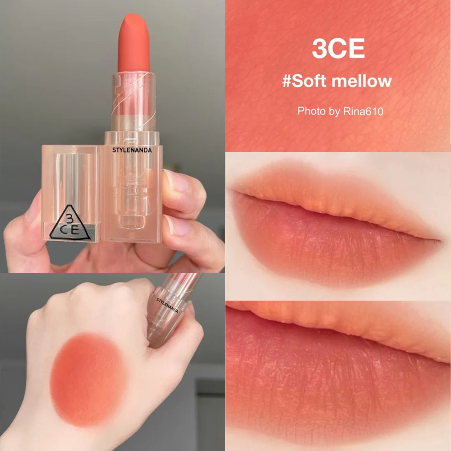 3ce透明壳口红亚克力哑光雾面唇膏#soft mellow 珊瑚奶杏
