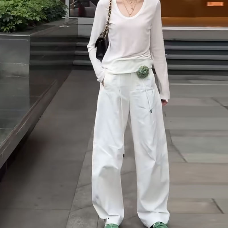 欧洲站2025春夏季新款时尚百搭松紧高腰抽绳宽松简约阔腿工装长裤