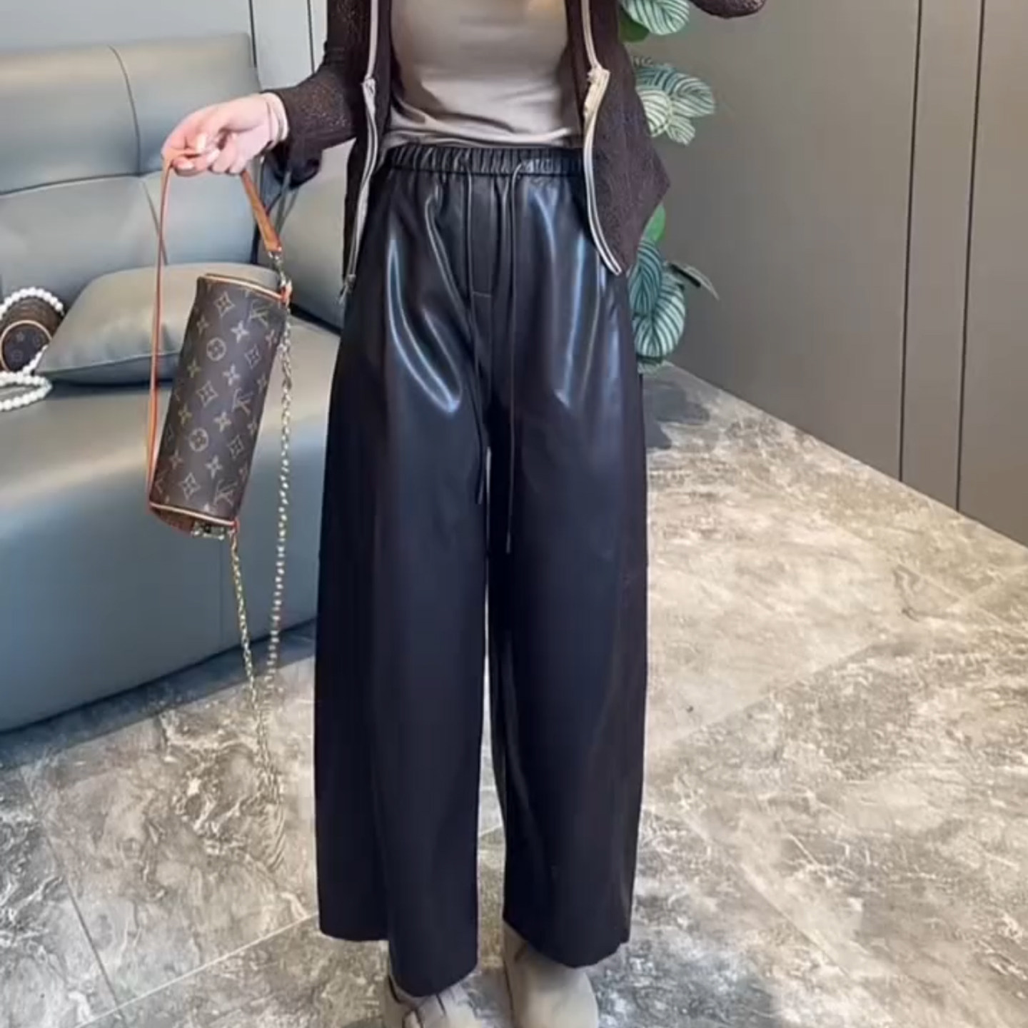 欧洲站高腰抽绳休闲女PU裤净版简约时尚宽松纯色百搭九分阔腿裤