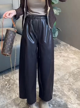 欧洲站高腰抽绳休闲女PU裤净版简约时尚宽松纯色百搭九分阔腿裤