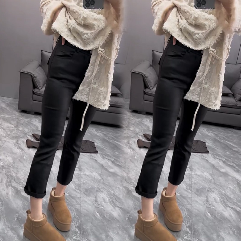 欧洲站秋冬涂层PU皮裤女弹力修身九分直筒裤加绒百搭高腰烟管裤