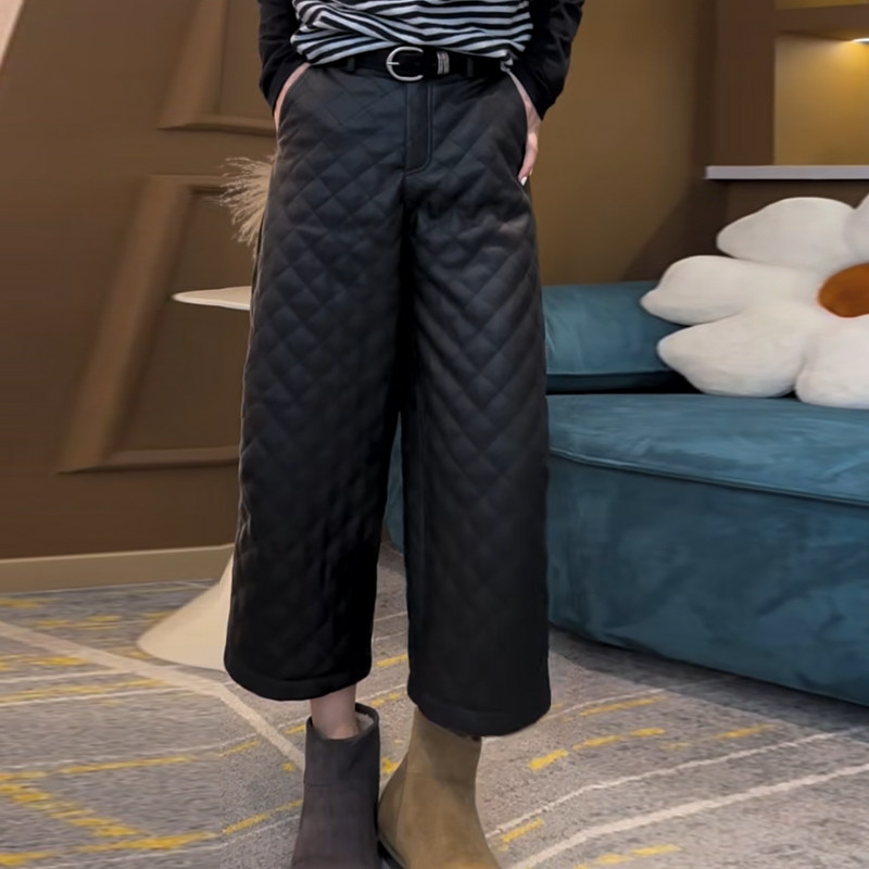 加厚高腰菱格九分阔腿裤