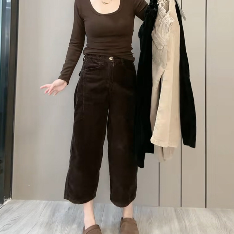 时尚高腰灯芯绒老爹裤显瘦纯色净版休闲2025秋冬百搭九分阔腿裤