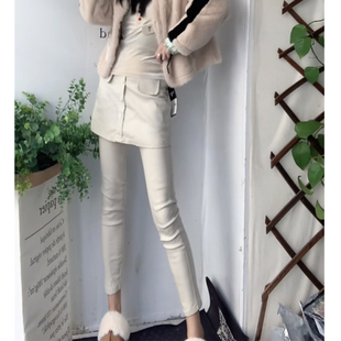 2023冬季新款加绒涂层裤子女弹力修身铅笔裤假两件打底裤休闲裤潮